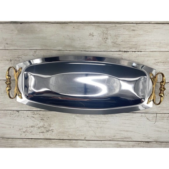 MCM Kromex Silver Serving Tray Bread Platter Chrome Brass Handles 17.5 x 6.5" - Picture 7 of 12